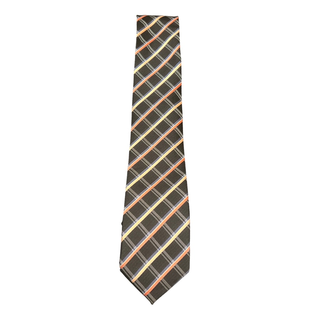Ivy Crew Mens Necktie Black Orange Blue Plaid Diagonal Stripe Polyester Handmade